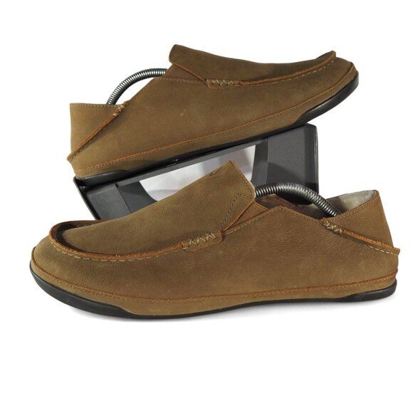 OluKai Kipuka Hulu Genuine Shearling Leather Slippers Men's 12 Toffee Brown - Picture 1 of 13